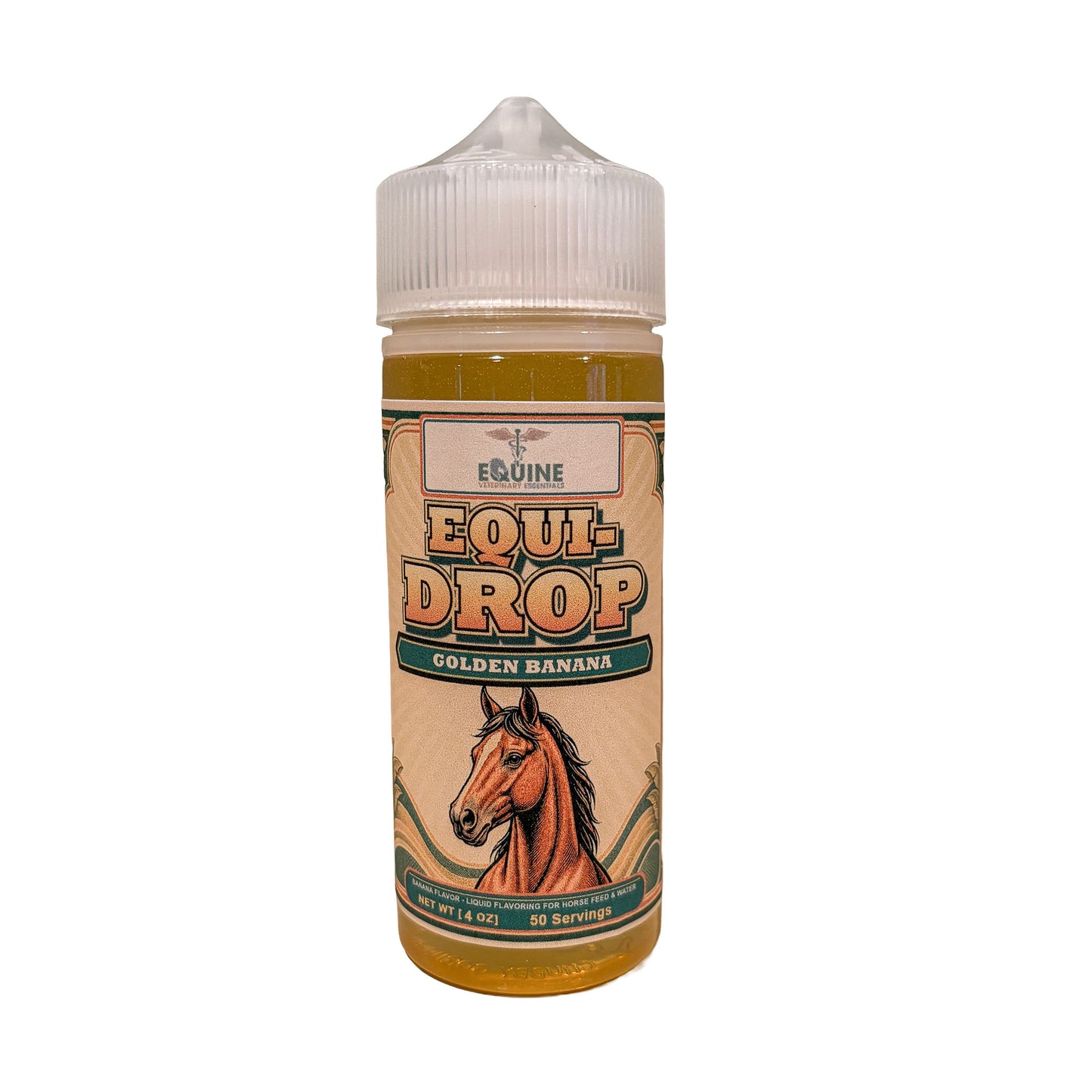 Equi-Drop Golden Banana liquid flavoring for horses, 4 oz bottle with vintage horse label