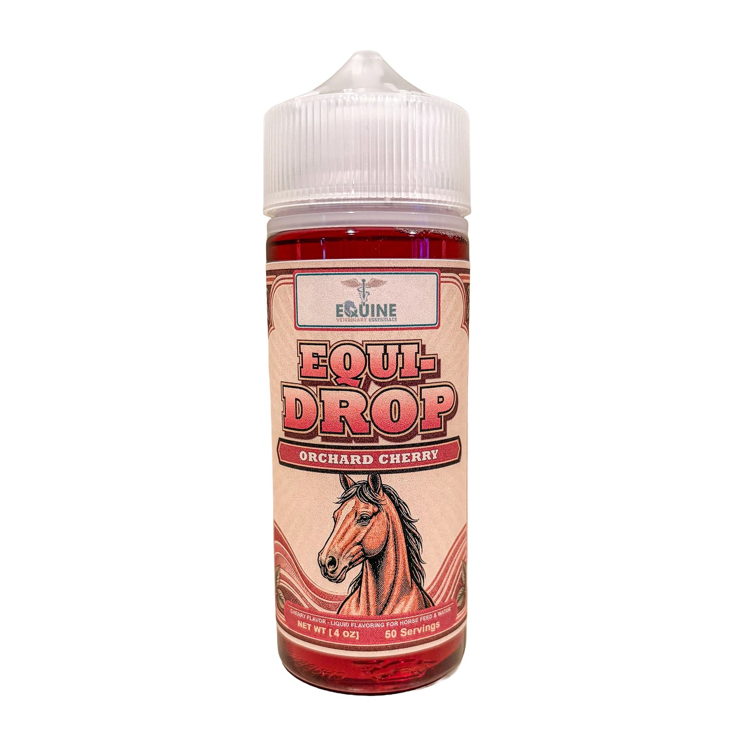 Equi-Drop Orchard Cherry liquid flavoring for horses, 4 oz bottle with vintage horse label