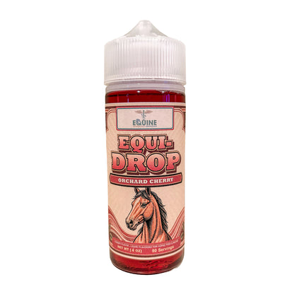 Equi-Drop Orchard Cherry liquid flavoring for horses, 4 oz bottle with vintage horse label