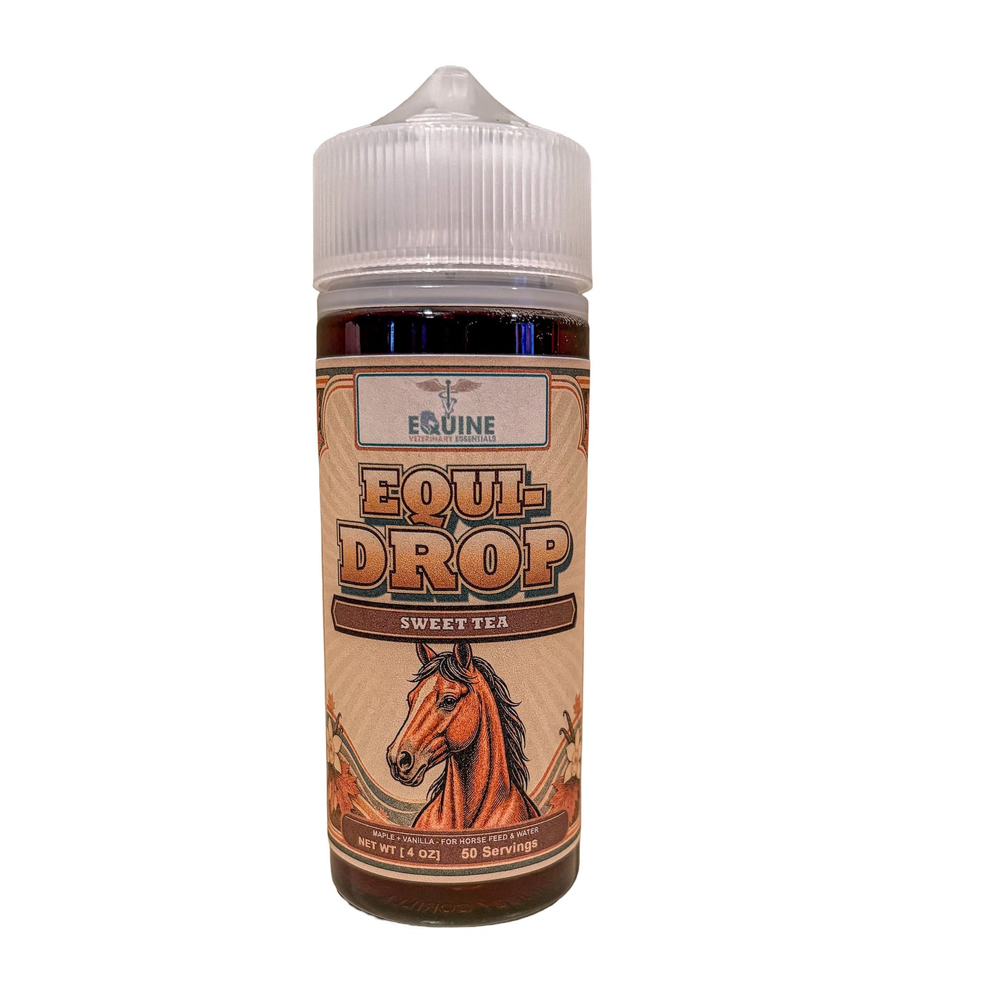 Equi-Drop Sweet Tea maple and vanilla liquid flavoring for horses, 4 oz bottle with vintage horse label